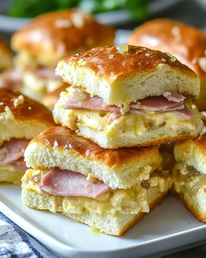 Ham and Swiss Sliders with Dijon Onion Butter on a platter