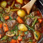 A bowl of hearty beef and vegetable stew, rich in flavor and nutrients.