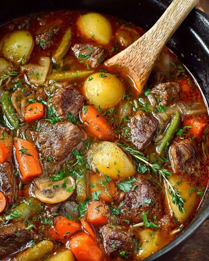 A bowl of hearty beef and vegetable stew, rich in flavor and nutrients.