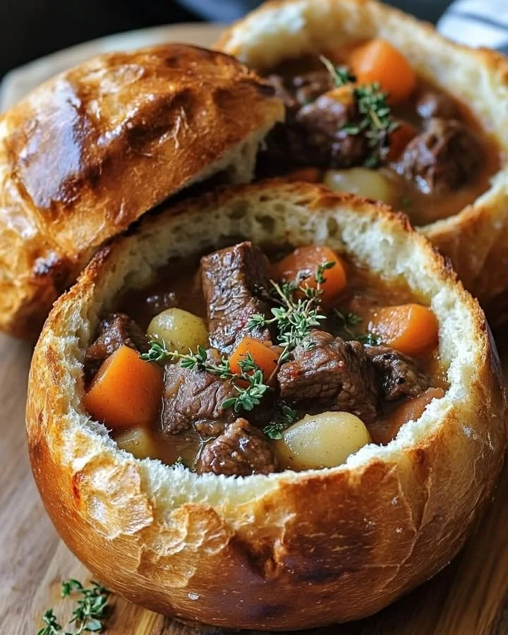 Hearty beef stew served in a homemade bread bowl for a comforting meal