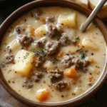 Bowl of hearty creamy potato soup with hamburger and cheddar cheese