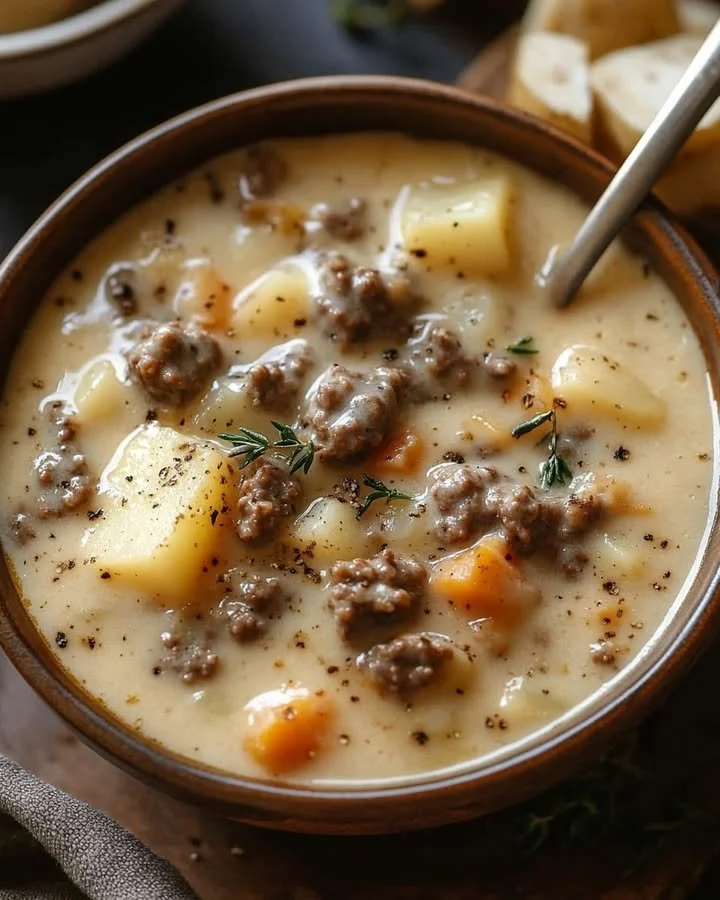 Bowl of hearty creamy potato soup with hamburger and cheddar cheese