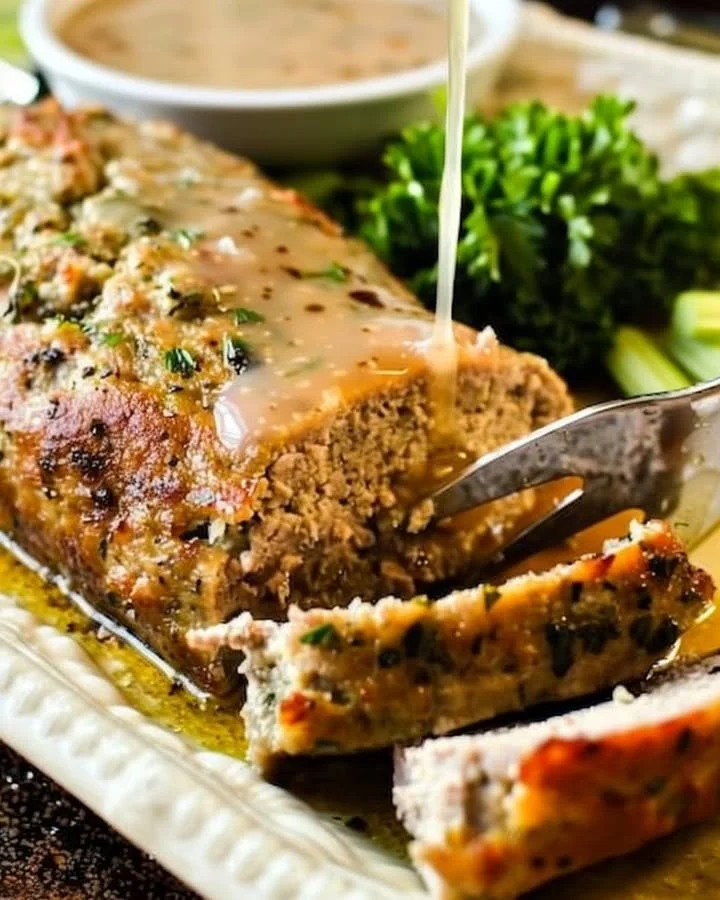 Deliciously baked hearty homestyle meatloaf on a rustic wooden table.