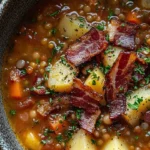 Hearty lentil and bacon soup served in a rustic bowl