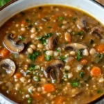A bowl of hearty mushroom bean barley soup garnished with herbs.