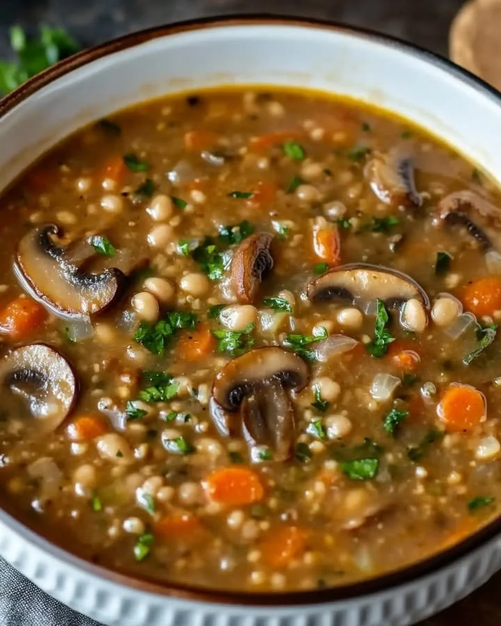 A bowl of hearty mushroom bean barley soup garnished with herbs.