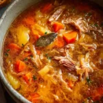 Bowl of hearty sauerkraut and rib soup garnished with herbs