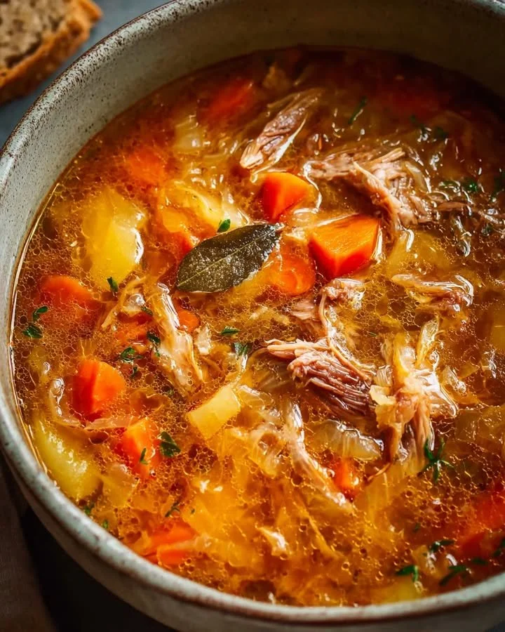 Bowl of hearty sauerkraut and rib soup garnished with herbs