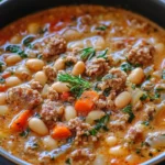 A steaming bowl of hearty spicy Italian sausage and bean soup topped with herbs.