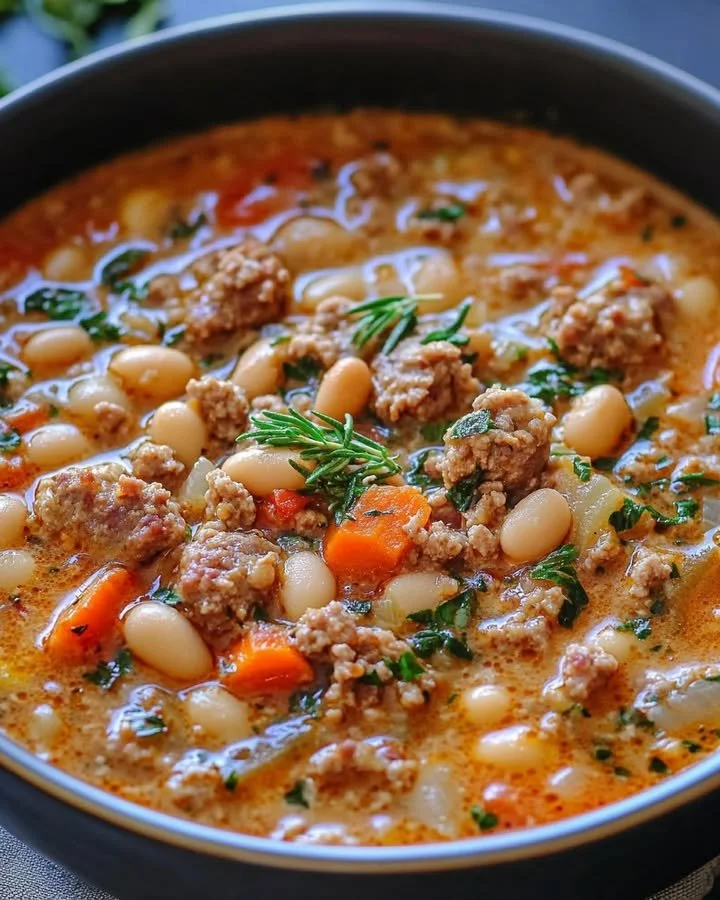 A steaming bowl of hearty spicy Italian sausage and bean soup topped with herbs.