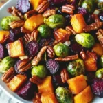Hearty winter vegetable salad featuring roasted butternut squash, Brussels sprouts, and vibrant beets.