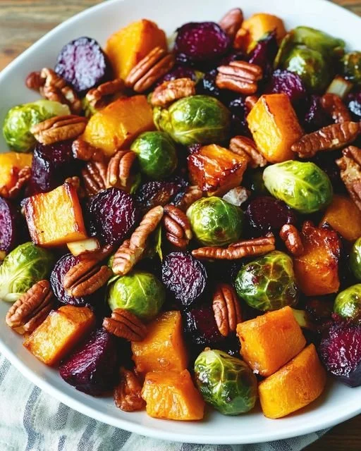 Hearty winter vegetable salad featuring roasted butternut squash, Brussels sprouts, and vibrant beets.