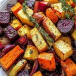 Bowl of herb-roasted root vegetables featuring rosemary and thyme