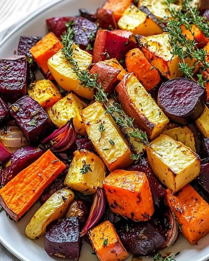Bowl of herb-roasted root vegetables featuring rosemary and thyme
