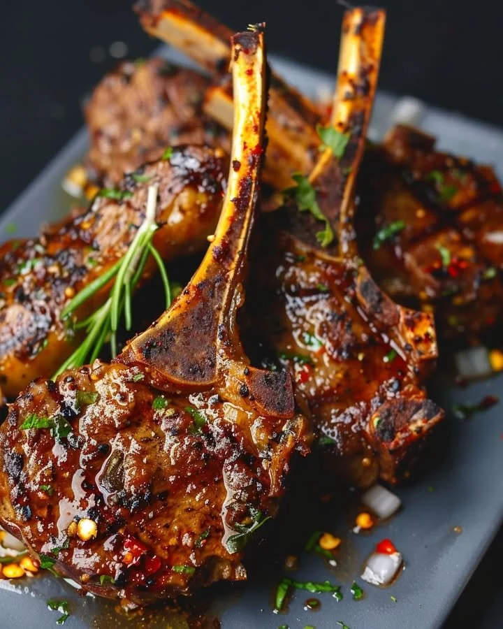 Herbaceous lamb chops served with fresh herbs and seasoning