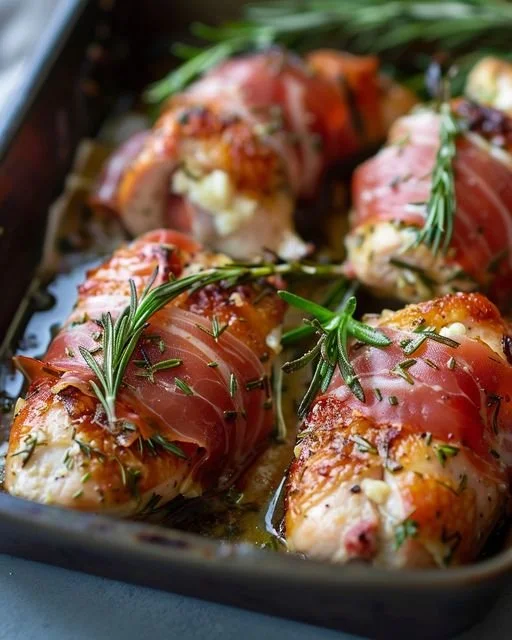 Herbed Chicken with Goat Cheese and Prosciutto on a plate