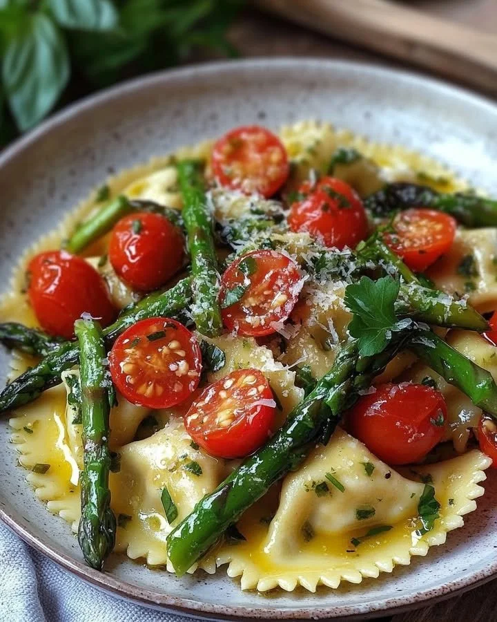 Plate of herbed ravioli with fresh vegetables, showcasing vibrant colors and healthy ingredients