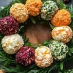 Festive holiday cheese ball wreath displayed on a holiday table.