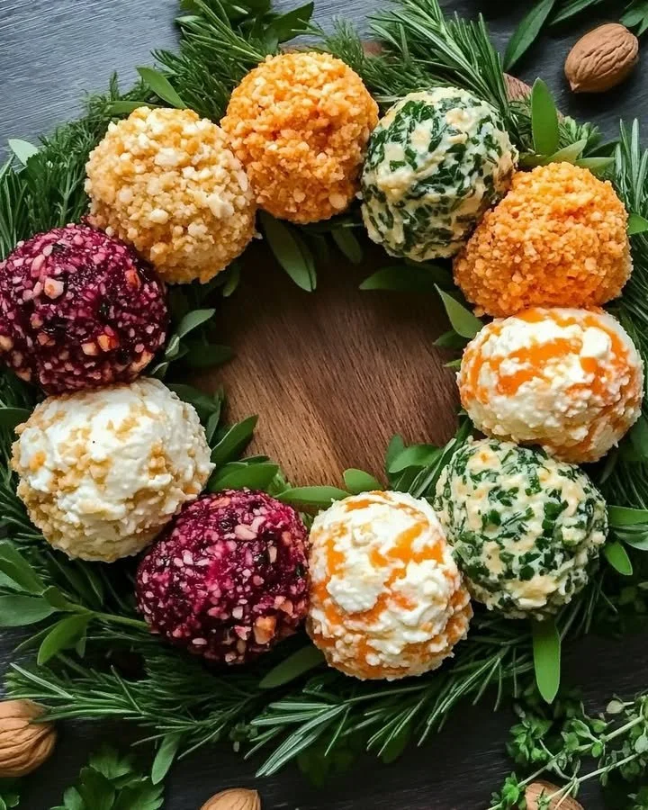 Festive holiday cheese ball wreath displayed on a holiday table.