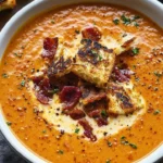 Bowl of homestyle tomato bisque topped with cheesy croutons