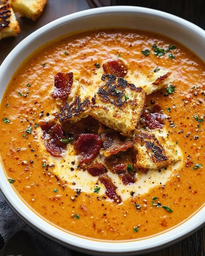 Bowl of homestyle tomato bisque topped with cheesy croutons