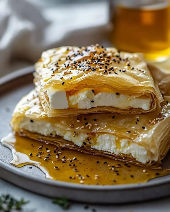 Honey Baked Feta with Crispy Filo served on a plate