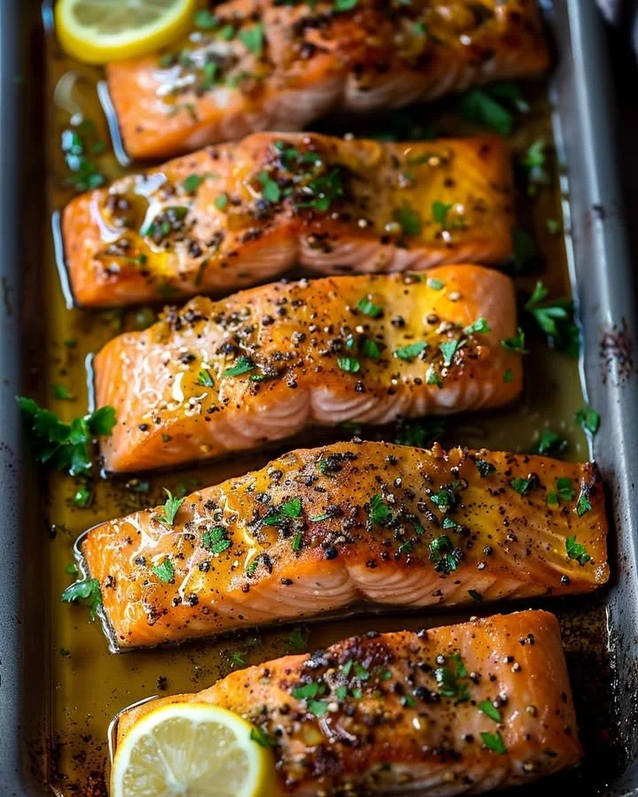 Honey Garlic Butter Baked Salmon served with vegetables