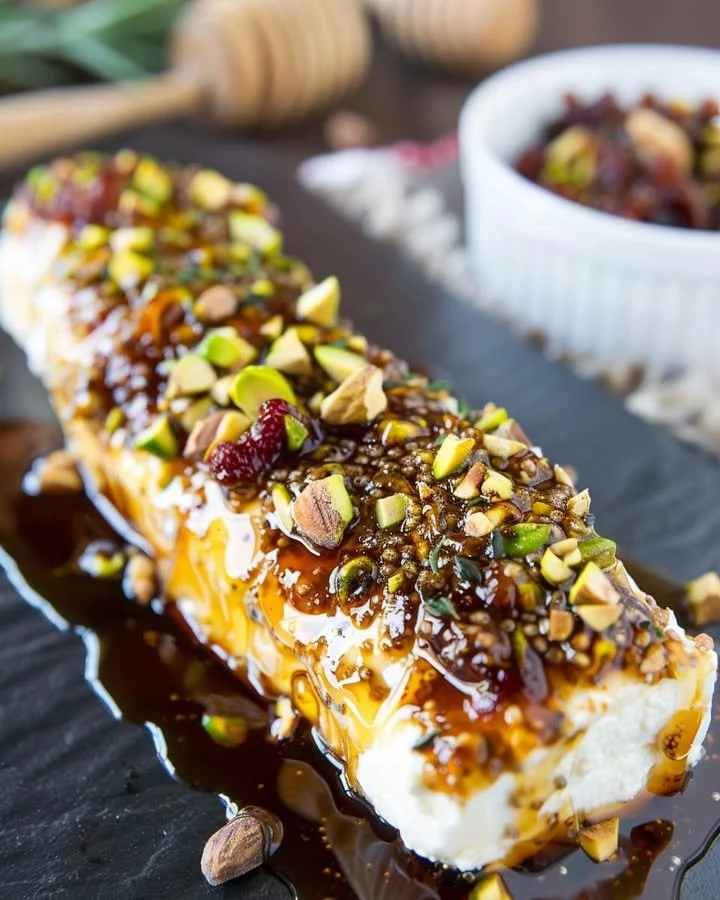Honey Pistachio Goat Cheese Delight appetizer served on a platter