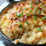 Irish Cheddar Hash Brown Casserole with sautéed cabbage in a baking dish