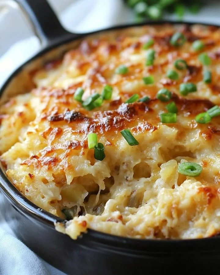 Irish Cheddar Hash Brown Casserole with sautéed cabbage in a baking dish