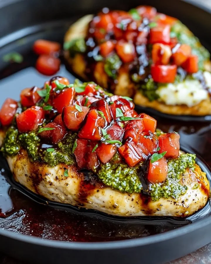 Delicious Italian Bruschetta Chicken with pesto and mozzarella
