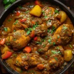 Delicious Jamaican Curry Chicken served with rice and peas