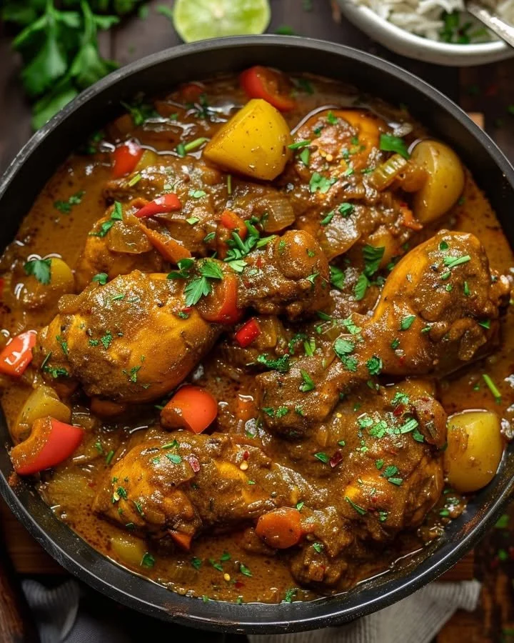 Delicious Jamaican Curry Chicken served with rice and peas
