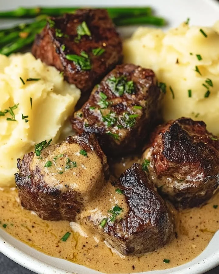 Juicy steak bites served with creamy Parmesan sauce and cheesy mashed potatoes.