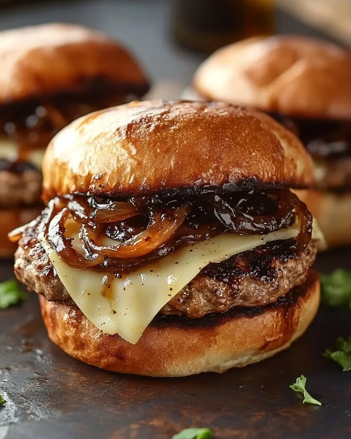 Juicy turkey burgers with balsamic caramelized onions and provolone cheese