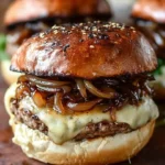Juicy turkey burgers with balsamic caramelized onions and provolone cheese