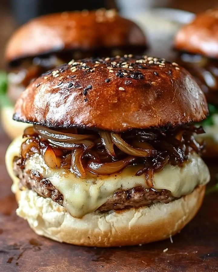 Juicy turkey burgers with balsamic caramelized onions and provolone cheese