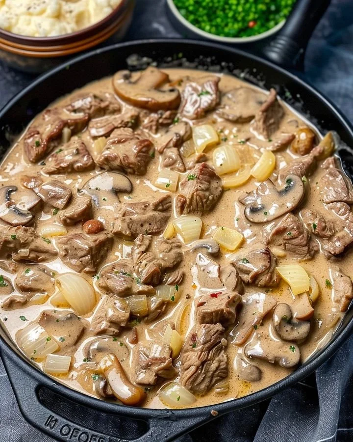 Keto beef stroganoff served on a plate with creamy sauce and mushrooms