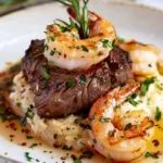 Delicious Keto Shrimp Scampi served with Rosemary Filet Mignon in a gourmet dish