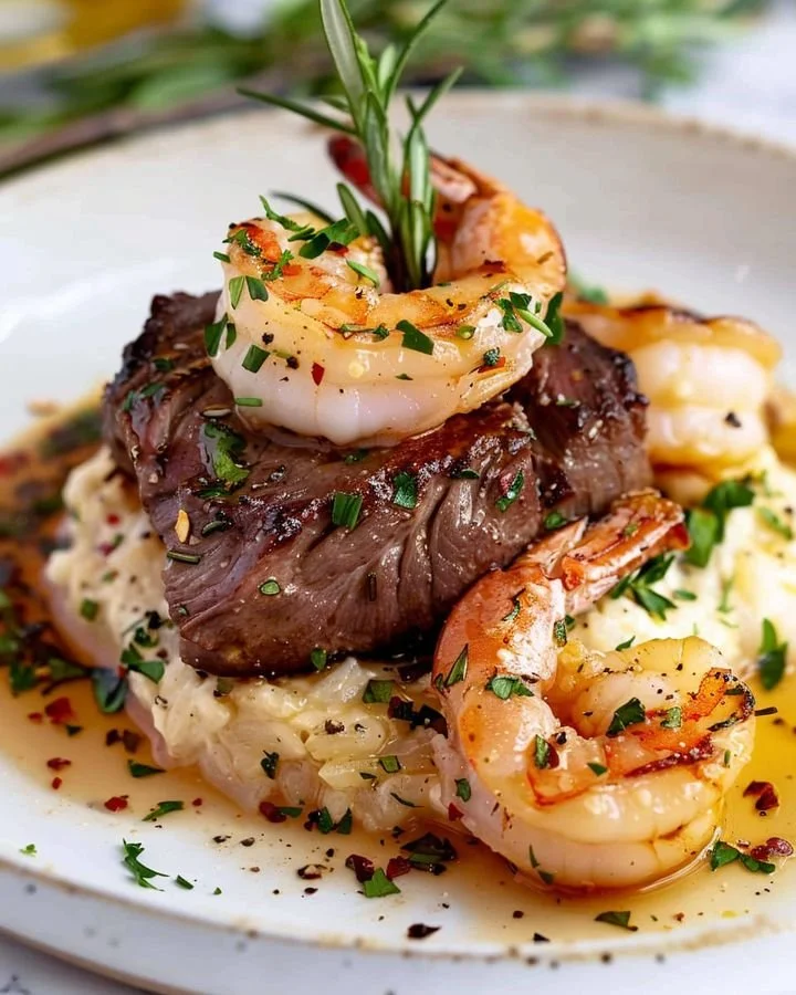 Delicious Keto Shrimp Scampi served with Rosemary Filet Mignon in a gourmet dish