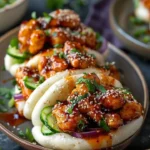 Korean Chicken Bao served on a plate with fresh vegetables