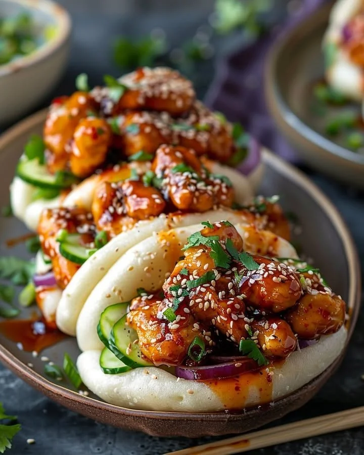 Korean Chicken Bao served on a plate with fresh vegetables
