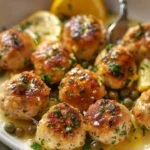 Lemon Caper Chicken Meatballs served on a plate with fresh herbs