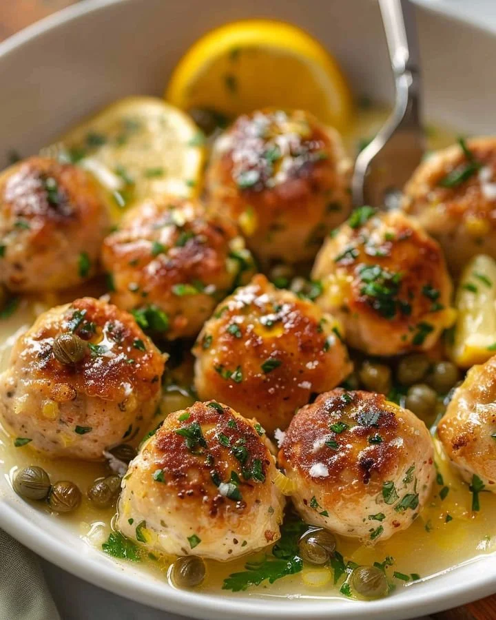 Lemon Caper Chicken Meatballs served on a plate with fresh herbs