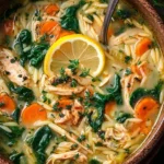 Bowl of Lemon Chicken Orzo Soup with Spinach garnished with herbs