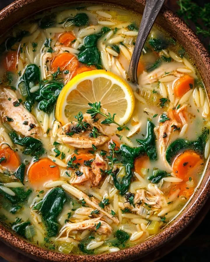 Bowl of Lemon Chicken Orzo Soup with Spinach garnished with herbs
