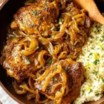 Lemon Dijon Chicken thighs with caramelized onions served on a plate