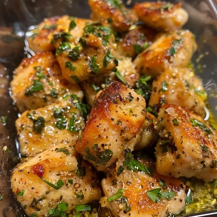 Plate of Lemon Garlic Butter Chicken garnished with herbs and served with vegetables.