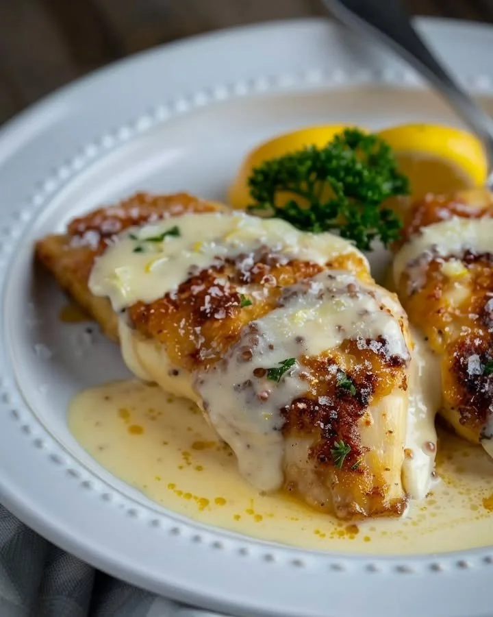 Lemon Pecorino Chicken Tenderloins served with fresh herbs and lemon wedges