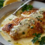 Lemon Pecorino Crusted Chicken served on a plate with fresh herbs.